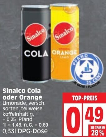 Edeka Sinalco Cola oder Orange 0,33 L DPG-Dose Angebot