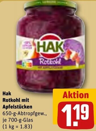 REWE Center Hak Rotkohl mit Apfelstücken 700-g-Glas Angebot