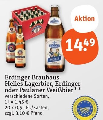 tegut Erdinger Brauhaus Helles Lagerbier, Erdinger oder Paulaner Weißbier 20*500ml Angebot