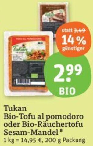 tegut Tukan Bio-Tofu al pomodoro oder Bio-Räuchertofu Sesam-Mandel 200 g Packung Angebot