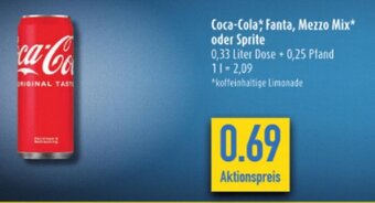 diska Coca-Cola, Fanta, Mezzo Mix oder Sprite 330ml Angebot