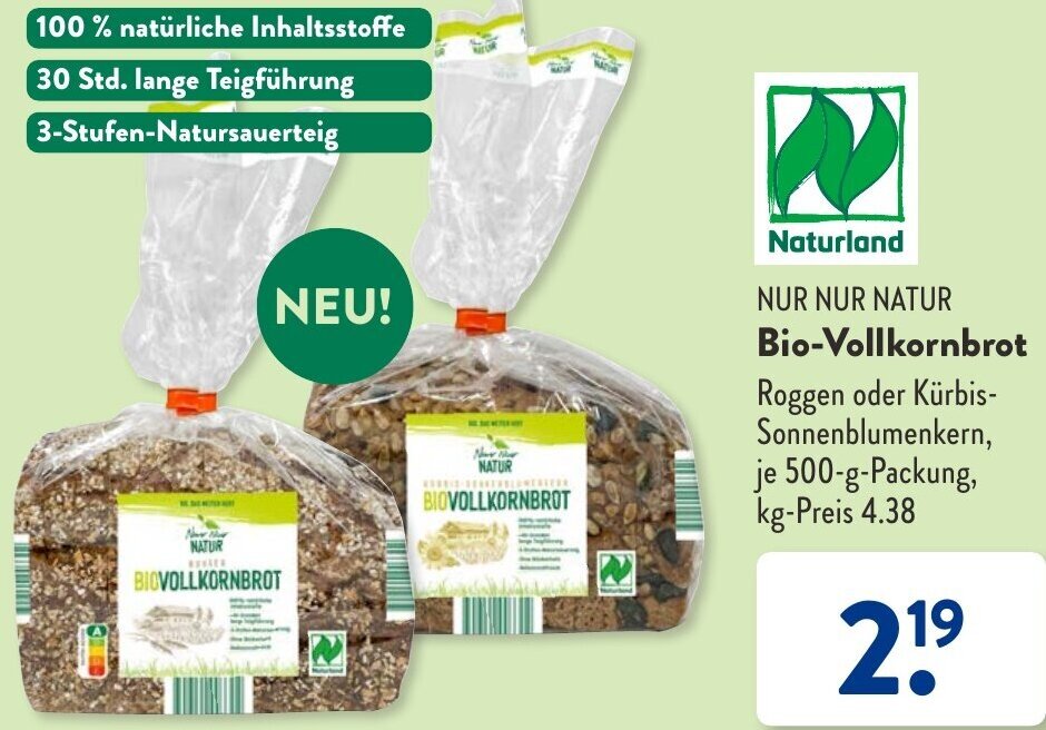 NUR NUR NATUR BioVollkornbrot 500 gPackung Angebot bei Aldi Süd
