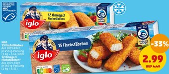 PENNY IGLO 15 Fischstäbchen 450 g oder 12 Omega 3 Fischstäbchen 360 g Packung Angebot