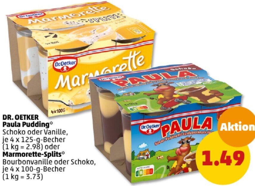 DR. OETKER Paula Pudding 4 x 125g Becher oder MarmoretteSplits 4 x 100g Becher Angebot bei PENNY