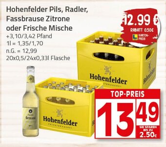 Elli Markt Hohenfelder Pils, Radler, Fassbrause Zitrone oder Frische Mische 20*500/24*330ml Angebot