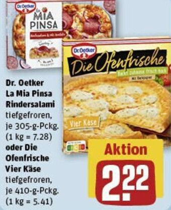 REWE Dr. Oetker La Mia Pinsa Rindersalami 305-g-Pckg. oder Die Ofenfrische Vier Käse 410 g Pckg. Angebot