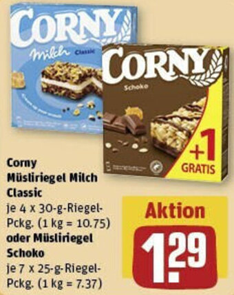 REWE Corny Müsliriegel Milch Classic 4x30 g oder Müsliriegel Schoko 7x25 g Angebot
