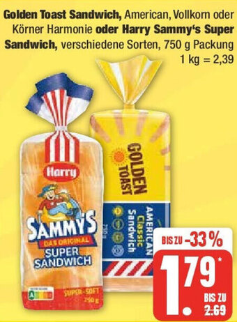 Edeka Golden Toast Sandwich oder Harry Sammy's Super Sandwich 750 g Packung Angebot