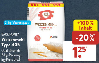 Aldi Süd BACK FAMILY Weizenmehl Type 405, 2 kg Packung Angebot