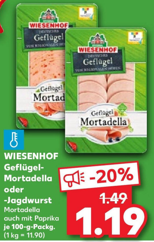WIESENHOF GeflügelMortadella oder Jagdwurst 100 g Packg. Angebot bei