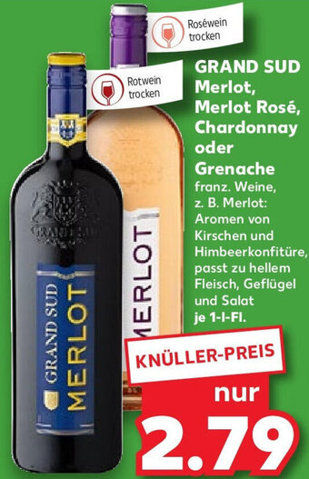 Kaufland GRAND SUD Merlot, Merlot Rosé, Chardonnay oder Grenache 1-I-FI. Angebot