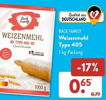 Aldi Süd BACK FAMILY Weizenmehl Type 405, 1-kg-Packung Angebot