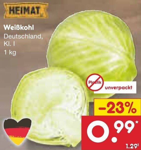 HEIMAT Weißkohl 1 kg Angebot bei Netto MarkenDiscount