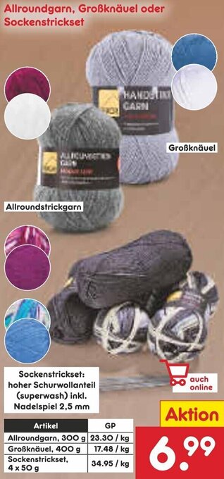 Netto Marken-Discount Allroundgarn, Großknäuel oder Sockenstrickset Angebot