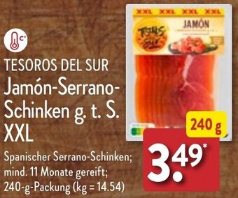 Aldi Nord TESOROS DEL SUR Jamón-Serrano Schinken g. t. S. XXL 240 g Packung Angebot