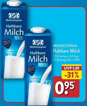 Aldi Nord WEIHENSTEPHAN Haltbare Milch 1 L Packung Angebot