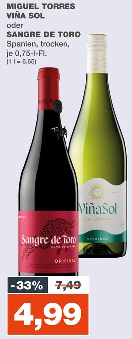 mein real MIGUEL TORRES VIÑA SOL oder SANGRE DE TORO 0,75 l Fl. Angebot