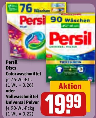 REWE Persil Discs Colorwaschmittel je 76-WL-Btl. oder Vollwaschmittel Universal Pulver je 90-WL-Pckg. Angebot