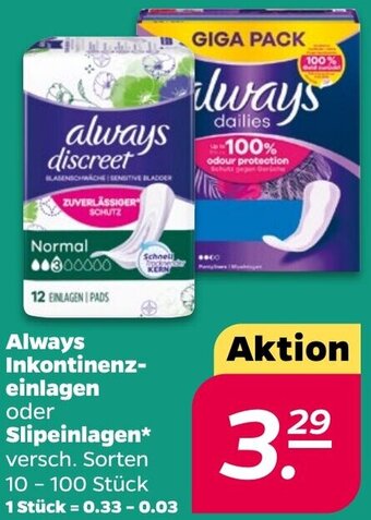 NETTO Always Inkontinenzeinlagen oder Slipeinlagen 10 - 100 Stück Angebot