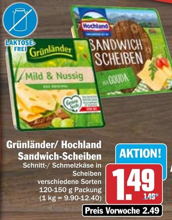 Hit Grünländer/ Hochland Sandwich-Scheiben 120-150 g Packung Angebot