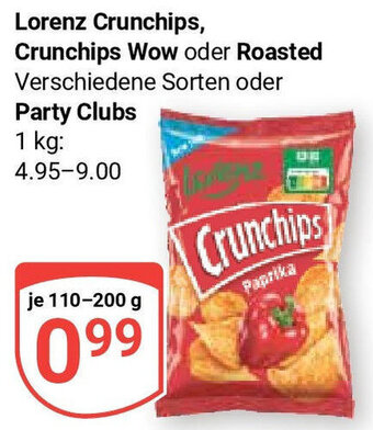 Globus Lorenz Crunchips, Crunchips Wow oder Roasted oder Party Clubs 110-200 g Angebot