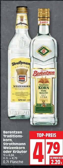 Edeka Berentzen Traditions-korn, Strothmann Weizenkorn oder Kräuter 0,7 l Flasche Angebot