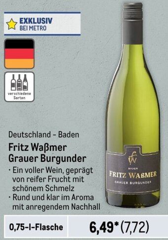 METRO Deutschland - Baden Fritz Waßmer Grauer Burgunder 0,75 L Flasche Angebot