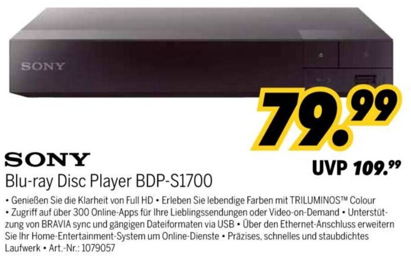 SONY Bluray Disc Player BDPS1700 Angebot bei MEDIMAX