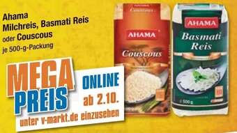 V Markt Ahama Milchreis, Basmati Reis oder Couscous 500 g Packung Angebot