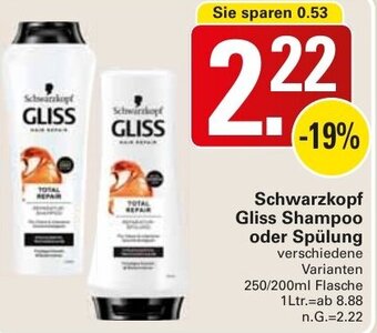 WEZ Schwarzkopf Gliss Shampoo oder Spülung 250/200ml Flasche Angebot