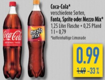 diska Coca-Cola, Fanta, Sprite oder Mezzo Mix 1,25 Liter Flasche Angebot