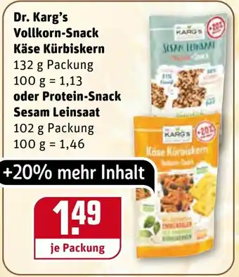 REWE Dr. Karg's Vollkorn Snack Käse Kürbiskern 132g oder Protein Snack Sesam Leinsaat 102g Angebot