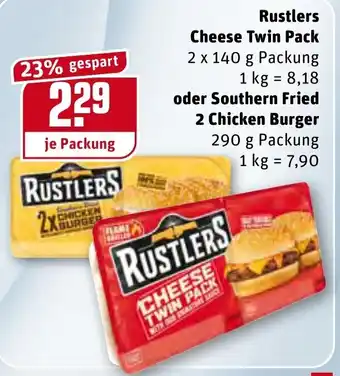 REWE Rustlers Cheese Twin Pack oder Southern Fried 2 Chicken Burger 290g Angebot