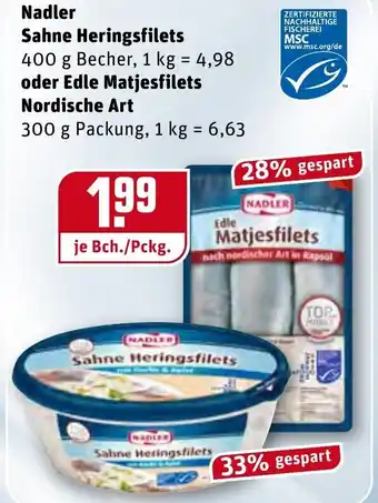 REWE Nadler Sahne Heringsfilets  oder Edle Matjesfilets Nordische Art 300g Angebot