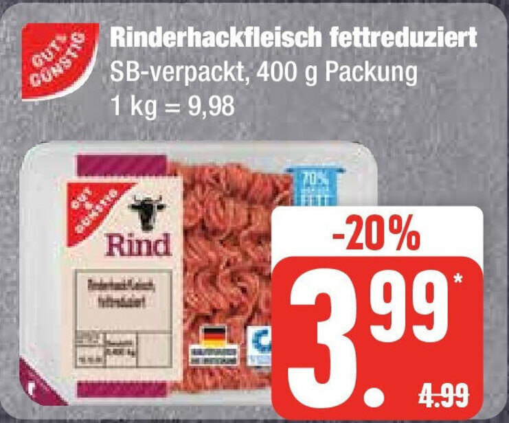 Rinderhackfleisch fettreduziert 400 g Packung Angebot bei Edeka