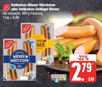Edeka Delikatess Wiener Würstchen oder Delikatess Geflügel Wiener 400 g Packung Angebot