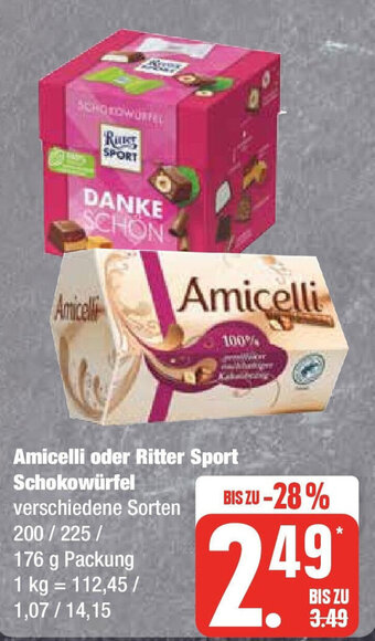 Edeka Amicelli oder Ritter Sport Schokowürfel 200/225/176 g Packung Angebot