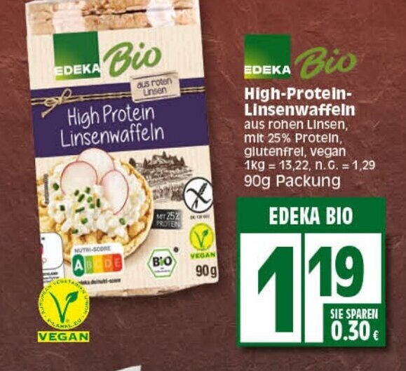EDEKA BIO HighProteinLinsenwaffeln 90g Packung Angebot bei Elli Markt