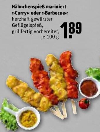 REWE Hähnchenspieß mariniert Curry oder Barbecue 100 g Angebot