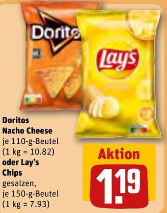 REWE Doritos Nacho Cheese 110-g-Beutel oder Lay's Chips 150-g-Beutel Angebot