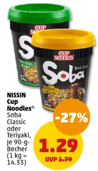 PENNY NISSIN Cup Noodles Soba Classic oder Teriyaki 90 g Becher Angebot