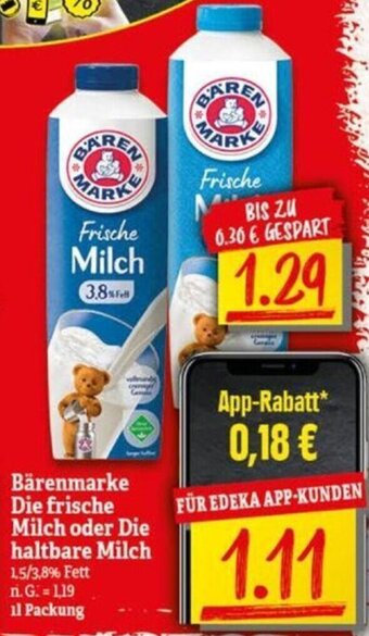 NP Discount Bärenmarke Die frische Milch oder Die haltbare Milch 1 L Packung Angebot