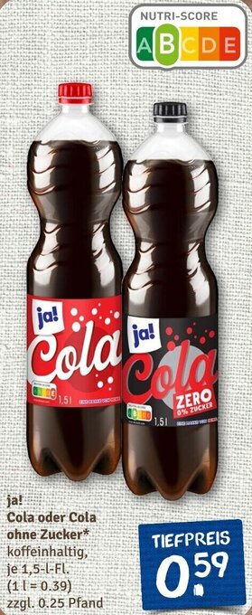 nahkauf ja! Cola oder Cola ohne Zucker 1,5 L-Fl. Angebot