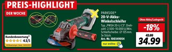 Lidl PARKSIDEⓇ 20-V-Akku Winkelschleifer PWSA 20-Li C3 Angebot