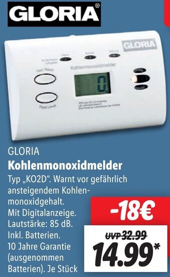 Lidl GLORIA Kohlenmonoxidmelder KO2D Angebot