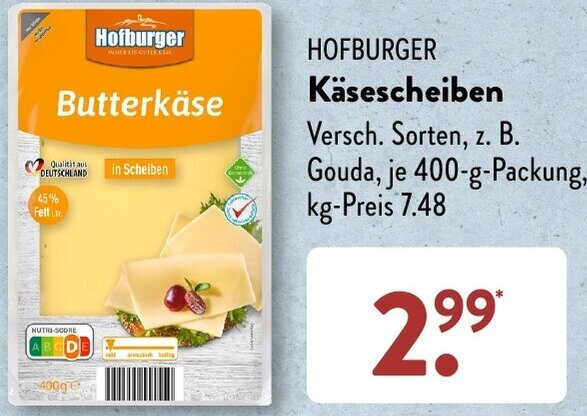 Aldi Süd HOFBURGER Käsescheiben 400 g Packung Angebot