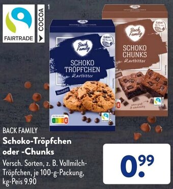 Aldi Süd BACK FAMILY Schoko-Tröpfchen oder Chunks 100 g Packung Angebot