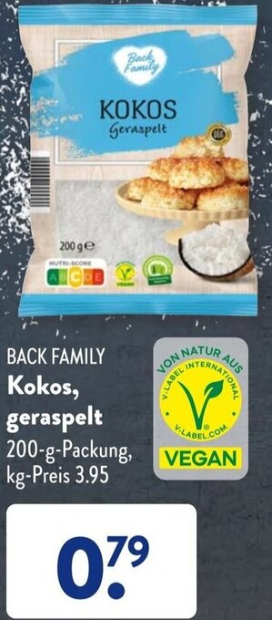 Aldi Süd BACK FAMILY Kokos, geraspelt 200 g Packung Angebot