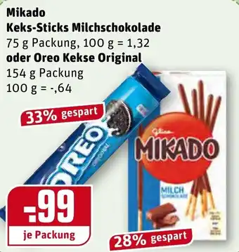 REWE Mikado Keks Sticks Milchschokolade 75g oder Oreo Kekse Original 154g Angebot