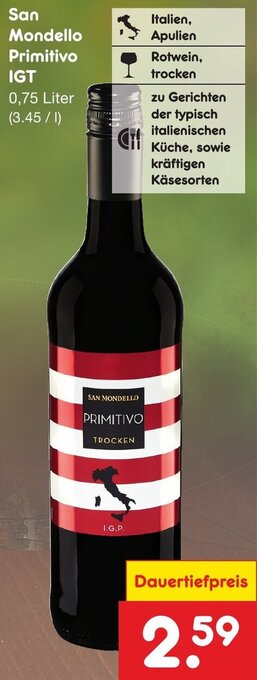 Netto Marken-Discount San Mondello Primitivo IGT 0,75 Liter Angebot
